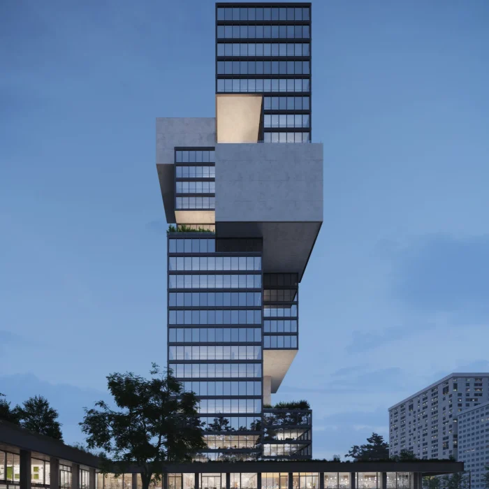 Architectural exterior render of a tower at dusk by PLEM Visual Tales