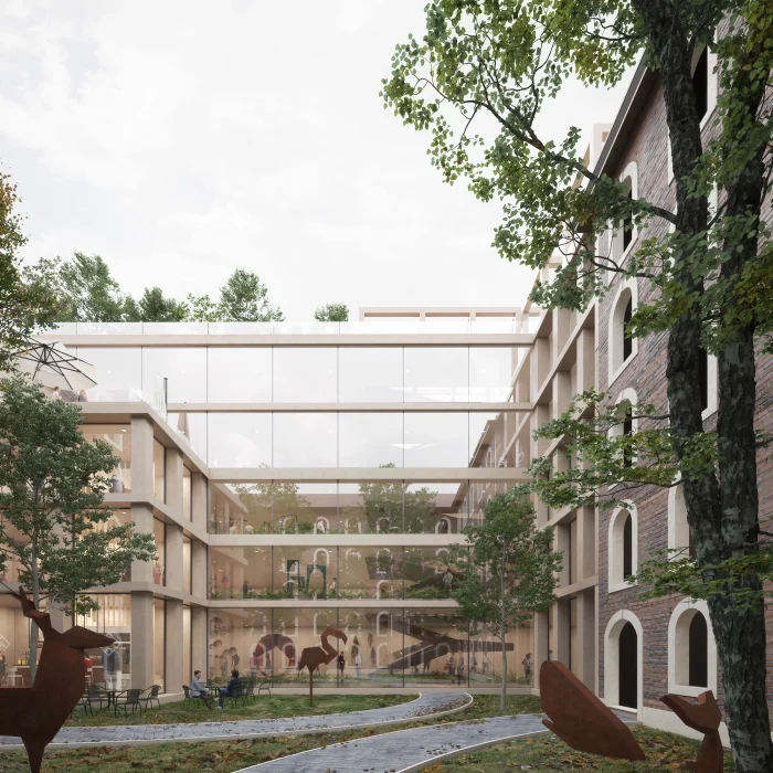 Architectural render of a courtyard garden under overcast light by PLEM Visual Tales