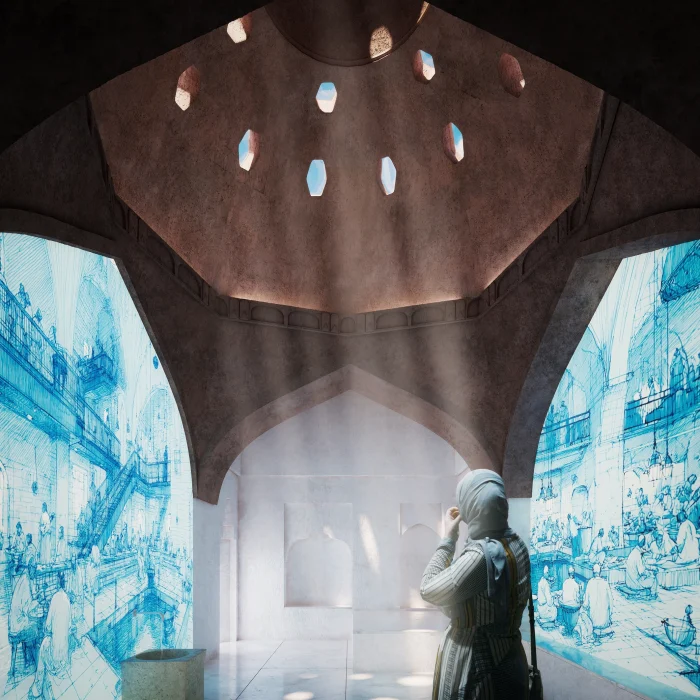 Interior render of the Hammam Elbasan Museum with domes and filtered light by PLEM Visual Tales