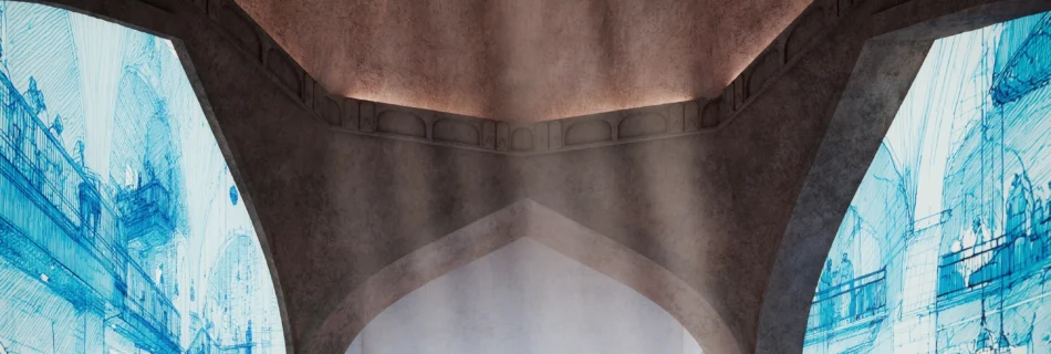 Interior render of the Hammam Elbasan Museum with domes and filtered light by PLEM Visual Tales