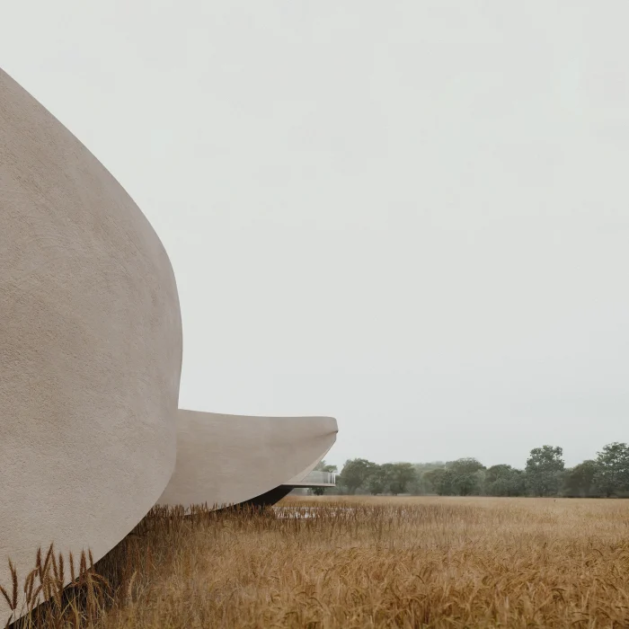 Close-up render of the Muzeu i Palafiteve facade in Korça, Albania, under cloudy light by PLEM Visual Tales