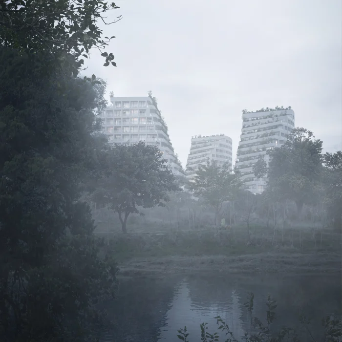Dusk and foggy render of a lakeside residential complex in Tirana by PLEM Visual Tales