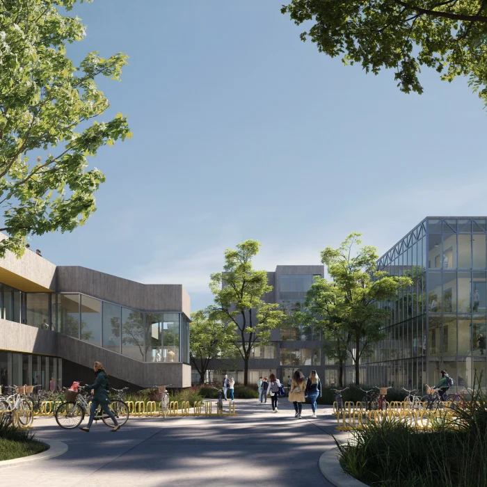 Architectural render of a concrete university courtyard surrounded by greenery by PLEM Visual Tales