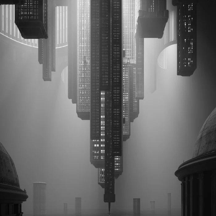 Concept art render of an upside-down city in black and white tones by PLEM Visual Tales