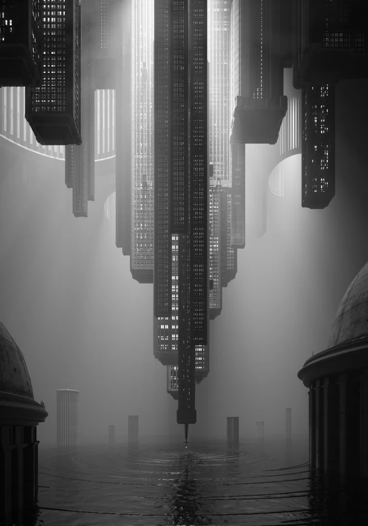 Concept art render of an upside-down city in black and white tones by PLEM Visual Tales