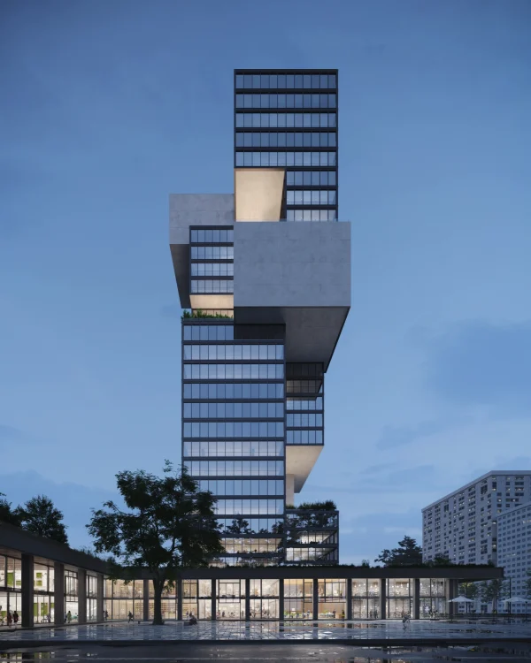 Architectural exterior render of a tower at dusk by PLEM Visual Tales