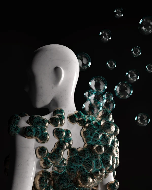 Concept art render of a marble mannequin wearing a metallic bubble-inspired dress by PLEM Visual Tales