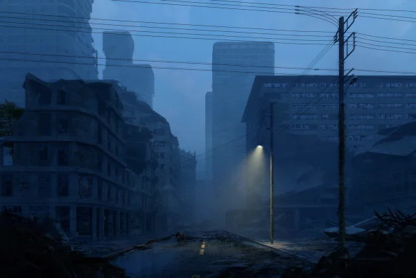 Concept art render of an abandoned city at dusk with cinematic mood by PLEM Visual Tales