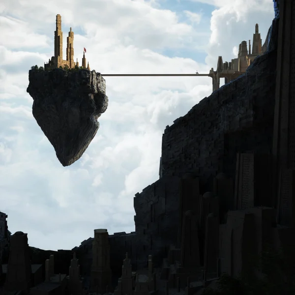 Concept art of a floating fantasy city designed by PLEM Visual Tales