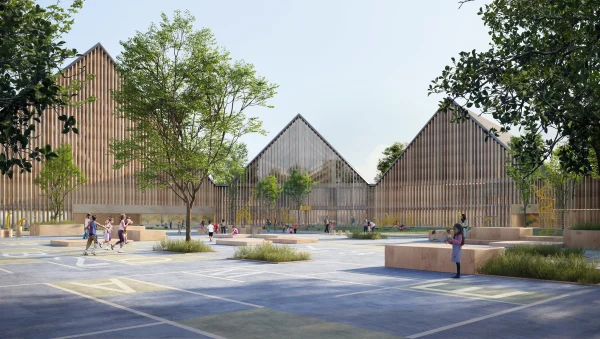 Architectural render of a wooden school courtyard surrounded by greenery by PLEM Visual Tales