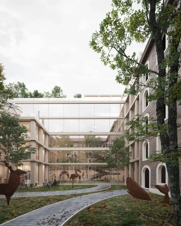 Architectural render of a courtyard garden under overcast light by PLEM Visual Tales