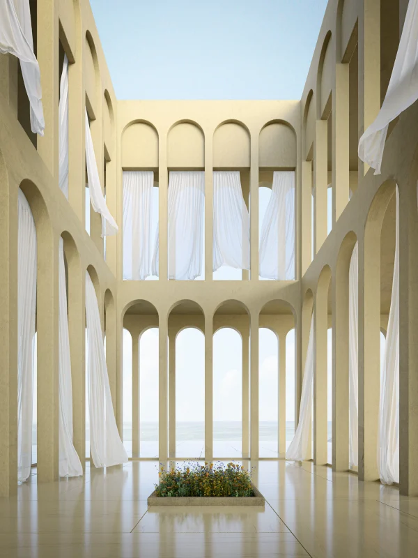 Exterior courtyard render with yellow arches and soft curtains by PLEM Visual Tales
