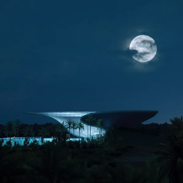 Night render of a museum with a large moon and dramatic light by PLEM Visual Tales