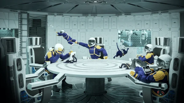 Concept art render showing a family inside a futuristic space interior by PLEM Visual Tales