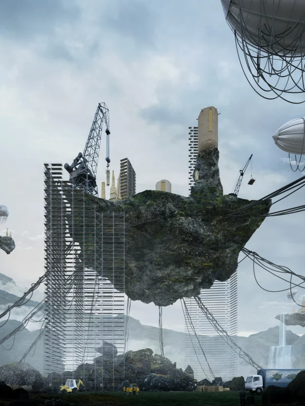 Concept art of a floating city in progress, featuring scaffolds and aerial platforms by PLEM Visual Tales