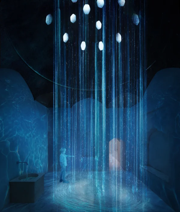 Interior render of the Hammam Elbasan Museum with immersive exhibition lighting by PLEM Visual Tales