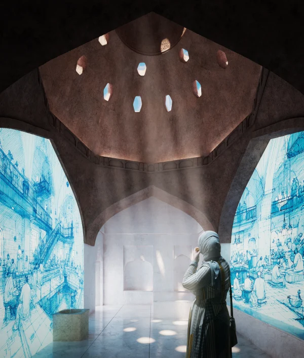Interior render of the Hammam Elbasan Museum with domes and filtered light by PLEM Visual Tales