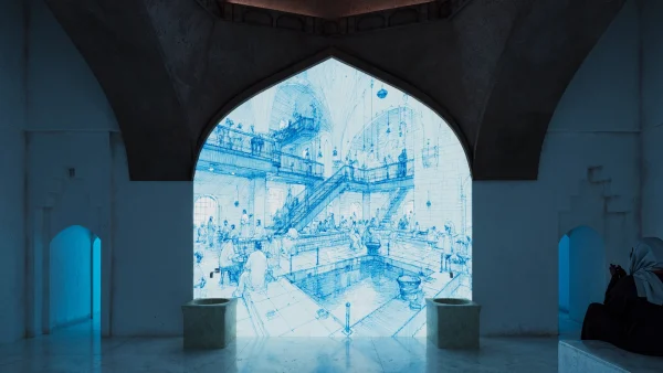 Interior render of the Hammam Elbasan Museum with projection and exhibition by PLEM Visual Tales