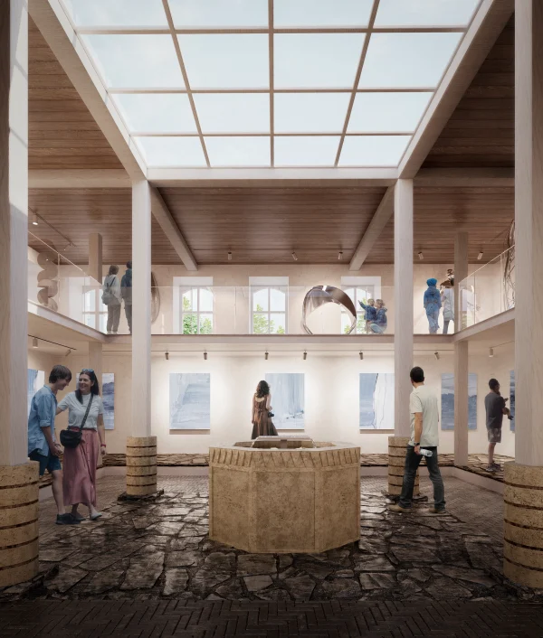 Daylight render of a temporary gallery inside Hammam Elbasan Museum with skylight by PLEM Visual Tales