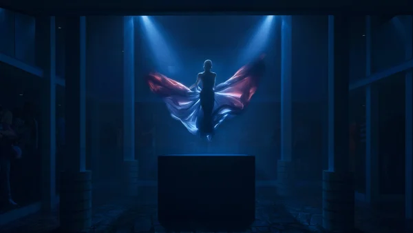 Night render of Hammam Elbasan interior hosting a live performance by PLEM Visual Tales