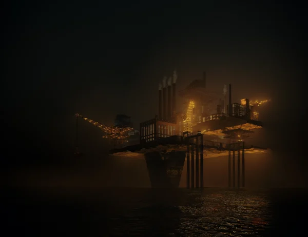 Concept art render of an industrial offshore platform at night with moody orange light by PLEM Visual Tales
