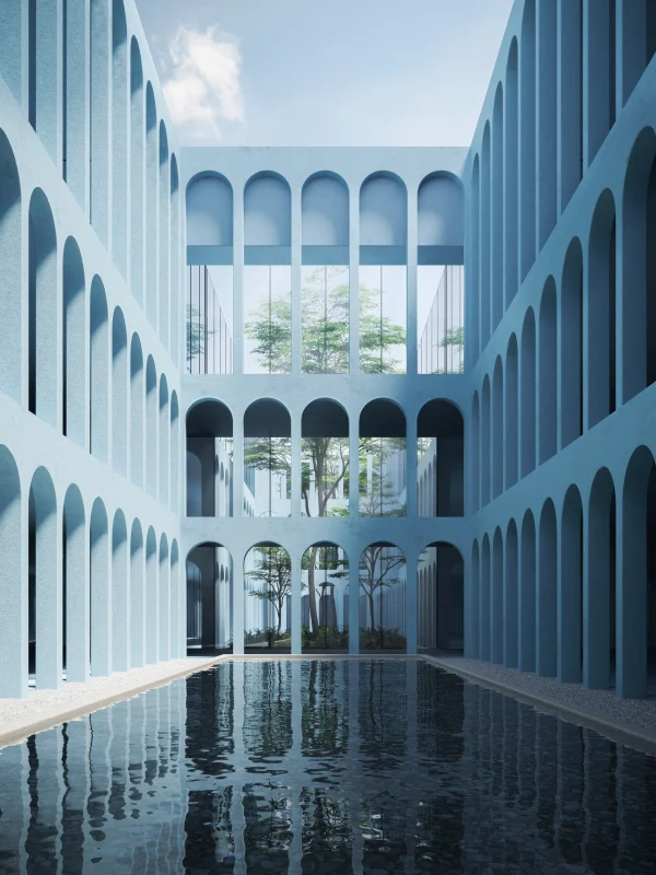 Render of an architectural courtyard interior with blue arches and reflective blue water by Plem Visual Tales