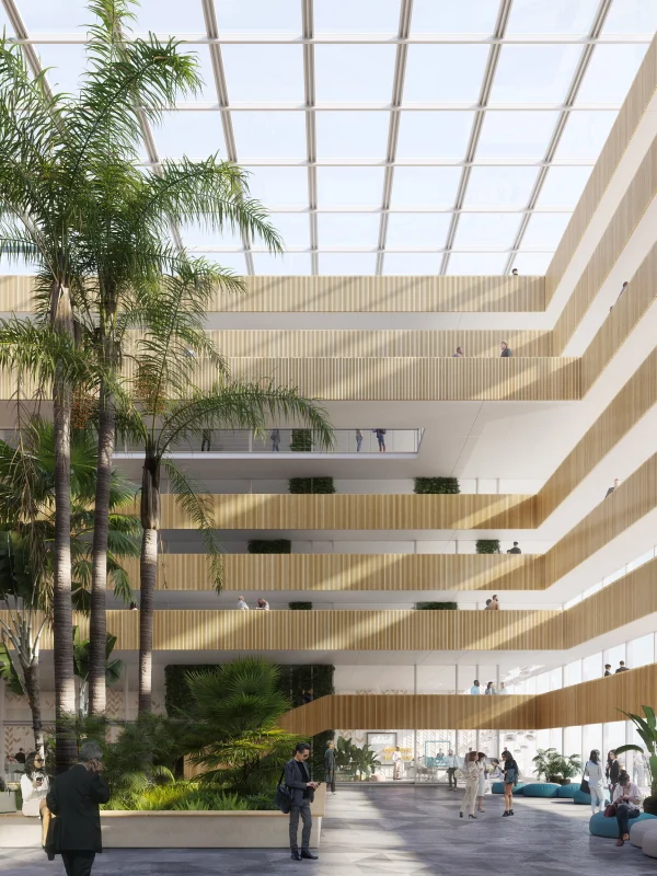 Interior render of a modern office lobby with skylight and wooden finishes by PLEM Visual Tales