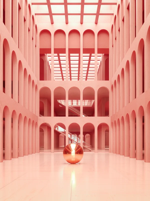 Interior architectural render featuring red arches and skylight reflections by Plem visual Tales