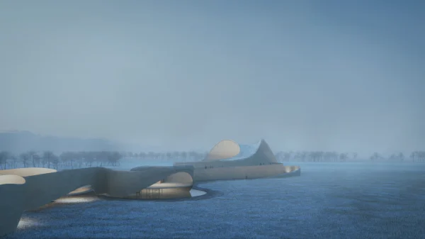 Render of the Muzeu i Palafiteve in Korça, Albania, surrounded by wheat fields at dusk under a snowy atmosphere. Created by PLEM Visual Tales