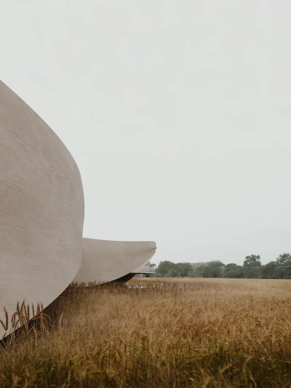 Close-up render of the Muzeu i Palafiteve facade in Korça, Albania, under cloudy light by PLEM Visual Tales