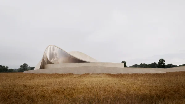 Overcast render of the Muzeu i Palafiteve in Korça, Albania, with wheat fields by PLEM Visual Tales