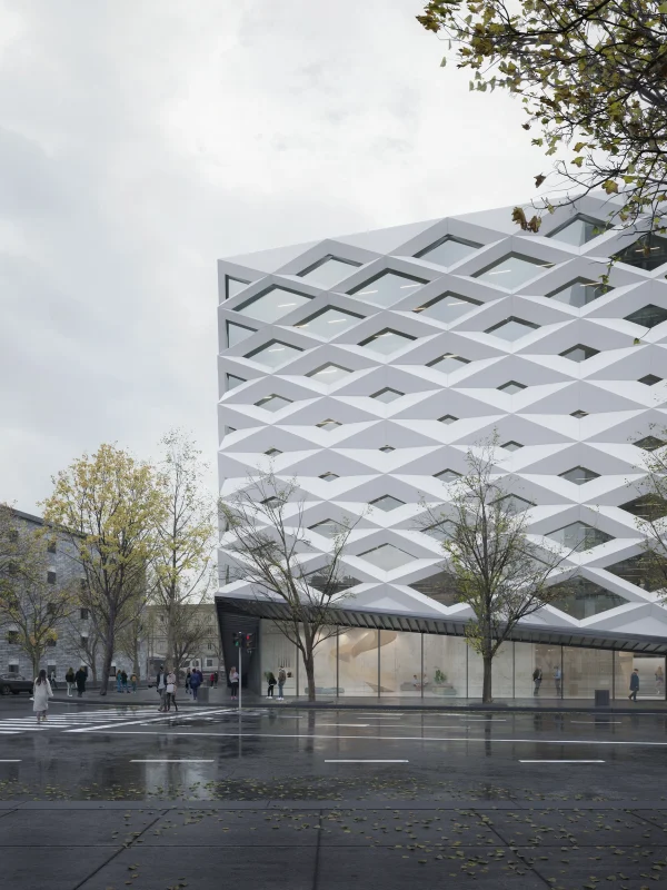 Architectural exterior render of a rainy urban parametric facade with different dimension openings by PLEM Visual Tales