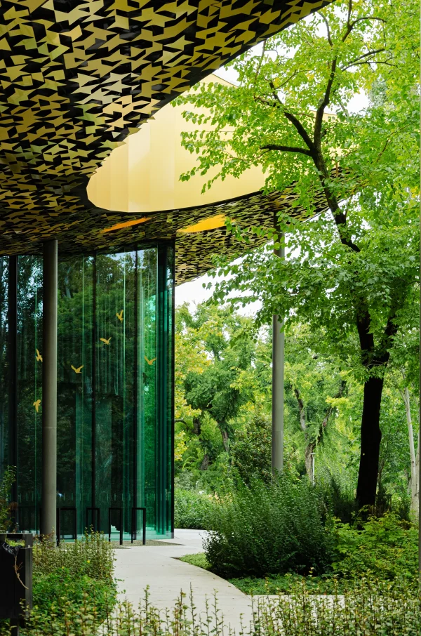 Exterior architectural photo of the Hungarian House of Music in Budapest, designed by Sou Fujimoto, by Plem Visual Tales.