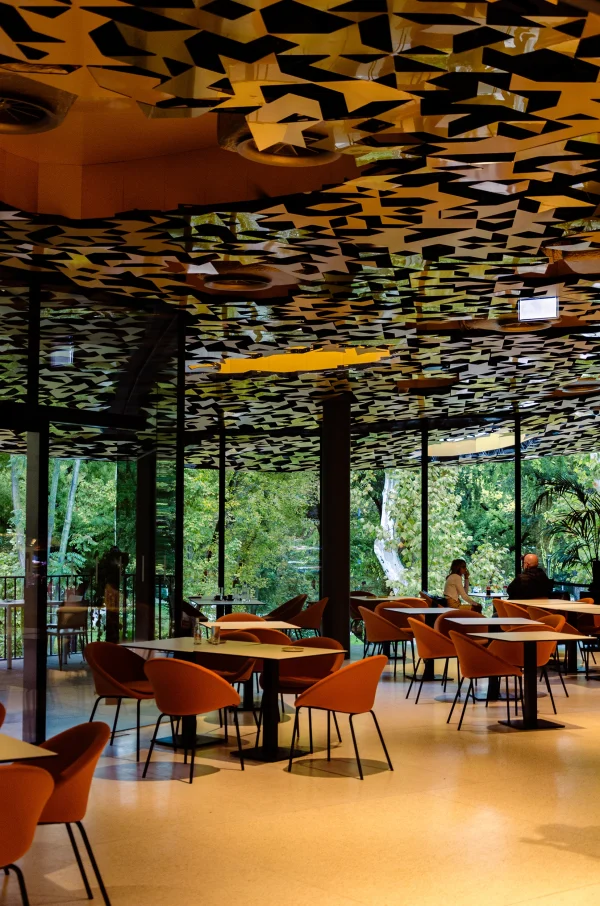 Interior architectural photo of the cafè of the Hungarian House of Music in Budapest, designed by Sou Fujimoto, by Plem Visual Tales.