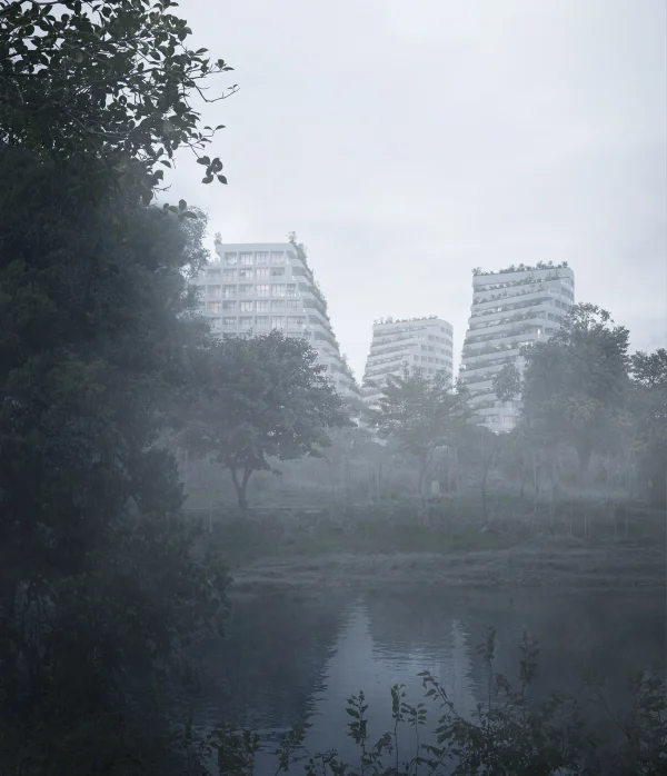 Dusk and foggy render of a lakeside residential complex in Tirana by PLEM Visual Tales