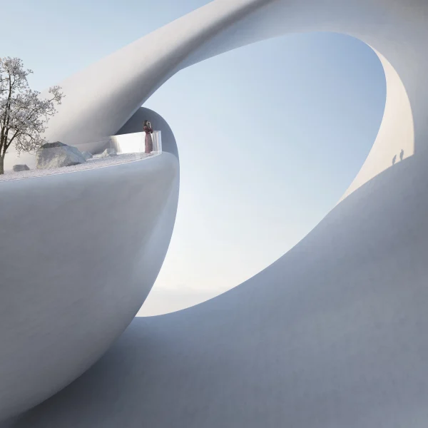 Architectural render of a white organic terrace with minimalist zen atmosphere by PLEM Visual Tales