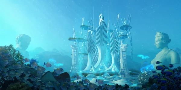 Concept art of an underwater utopian city illuminated by soft ambient light by PLEM Visual Tales