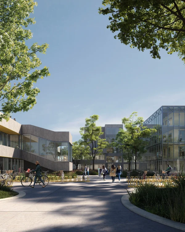 Architectural render of a concrete university courtyard surrounded by greenery by PLEM Visual Tales