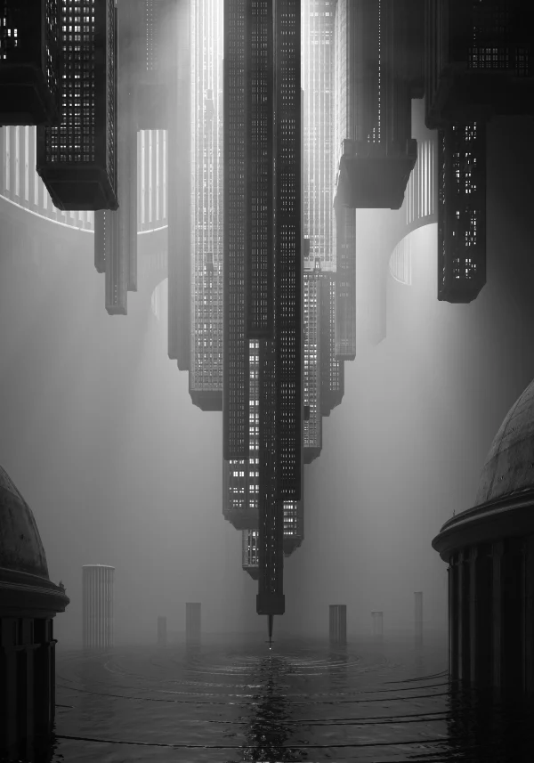Concept art render of an upside-down city in black and white tones by PLEM Visual Tales