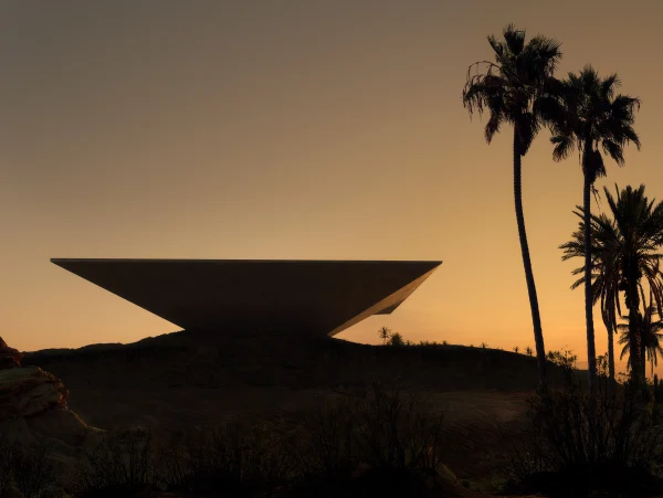 Architectural render of an upside-down pyramid museum in the desert at sunset with palm trees by PLEM Visual Tales