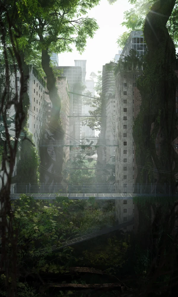 Concept art render of an urban landscape overtaken by vegetation by PLEM Visual Tales