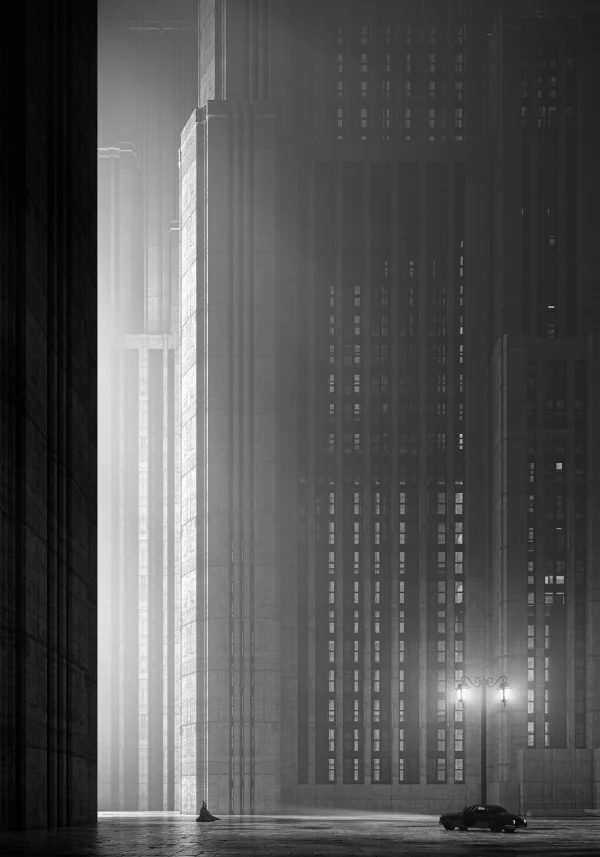 Black and white render of a 1920s-style urban scene with skyscrapers, car, and woman running in a gown by PLEM Visual Tales