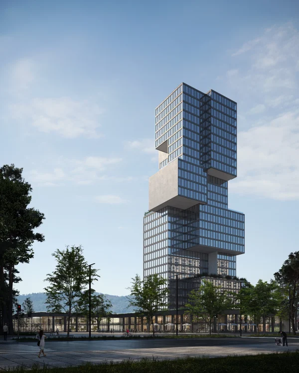 Architectural render of an urban tower building created by PLEM Visual Tales